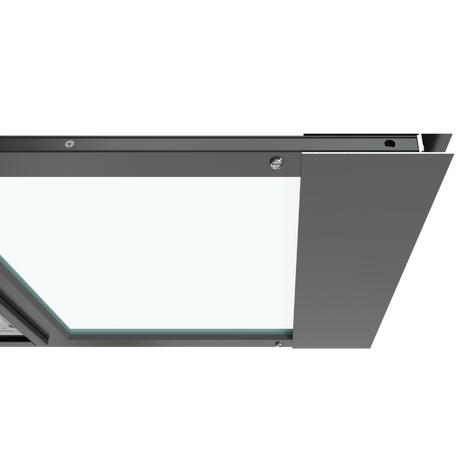 Top close-up view of the black Thermo Sash 3e, a window pet door, highlighting the secure and snug fit within a sash window. This cat door for a window ensures a weather-tight seal.