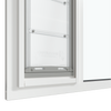 Close-up of the white Thermo Sash 3e pet door for sash window, focusing on the bottom closure and the rubber seal for sash windows, ensuring insulation and weatherproofing for this window pet door.