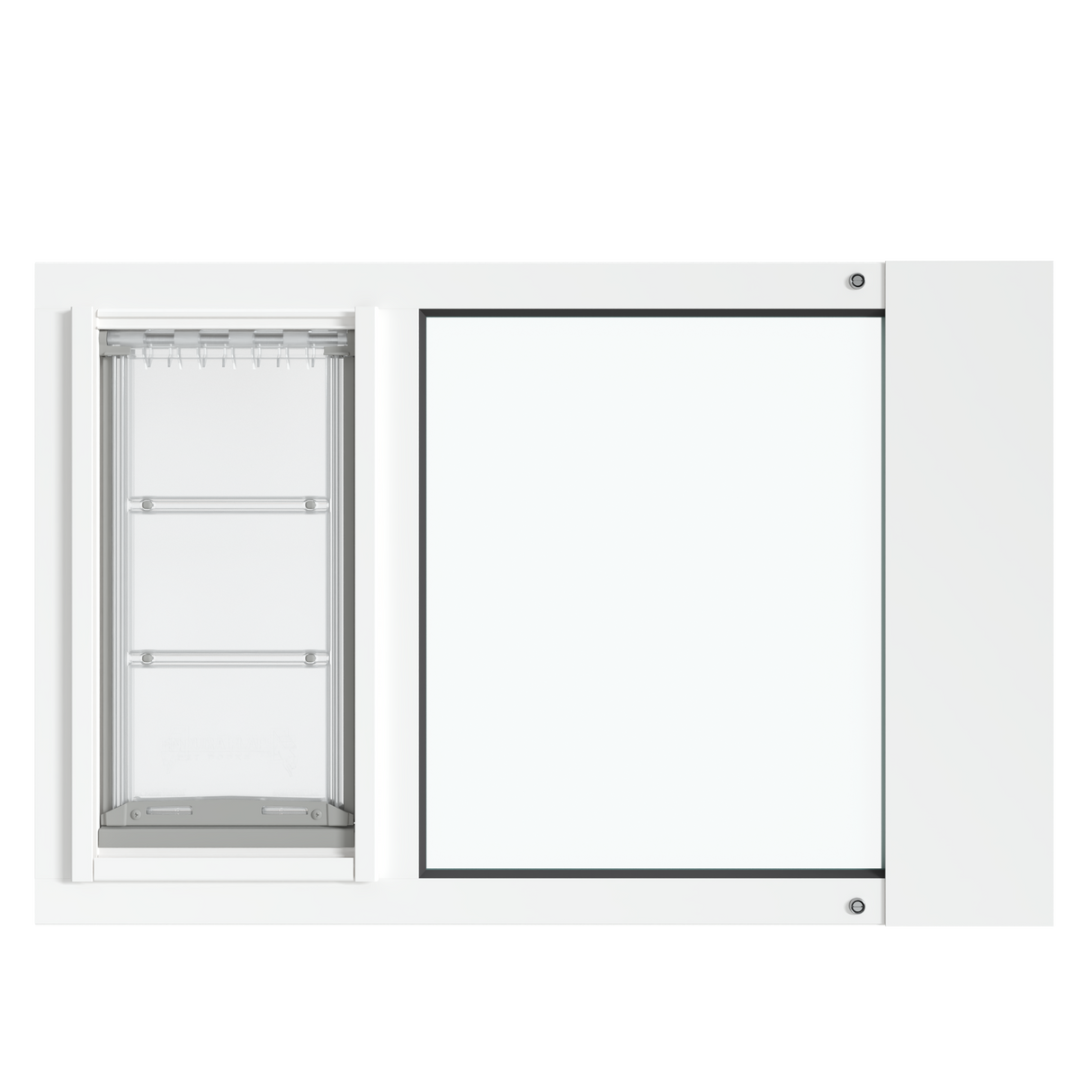Front view of the white Thermo Sash 3e, a cat door for windows, emphasizing the clear and simple design that complements any window. This is a secure and reliable cat door in window solution.