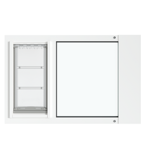 Front view of the white Thermo Sash 3e, a cat door for windows, emphasizing the clear and simple design that complements any window. This is a secure and reliable cat door in window solution.