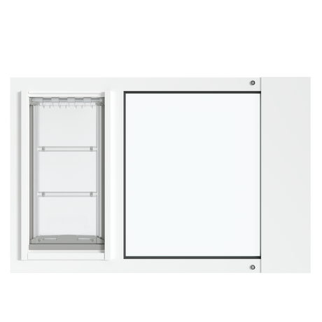 Front view of the white Thermo Sash 3e, a cat door for windows, emphasizing the clear and simple design that complements any window. This is a secure and reliable cat door in window solution.