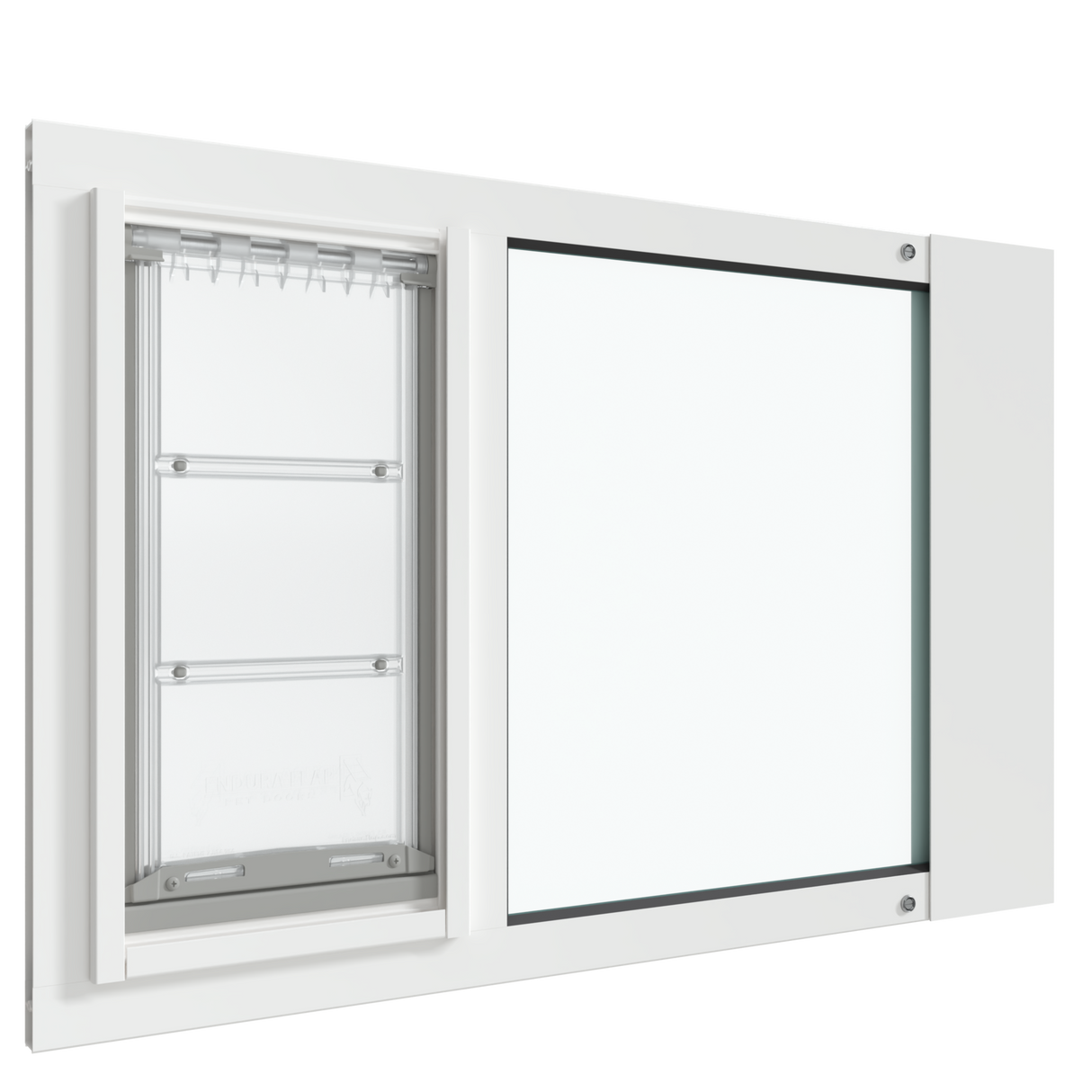 Thermo Sash 3e window pet door in white, highlighting the sleek design of this cat window door and its seamless integration with sash windows. Features a secure and adjustable cat door for window.