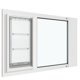 Thermo Sash 3e window pet door in white, highlighting the sleek design of this cat window door and its seamless integration with sash windows. Features a secure and adjustable cat door for window.