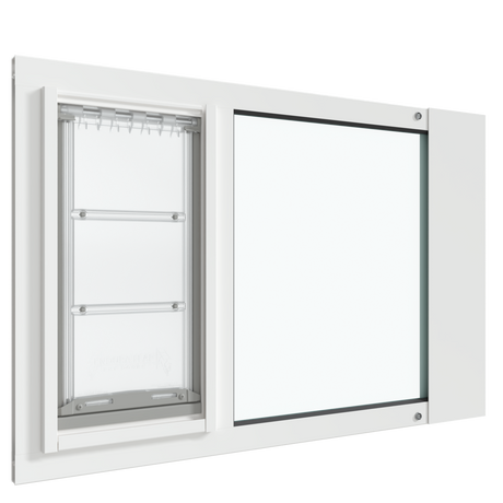 Thermo Sash 3e window pet door in white, highlighting the sleek design of this cat window door and its seamless integration with sash windows. Features a secure and adjustable cat door for window.