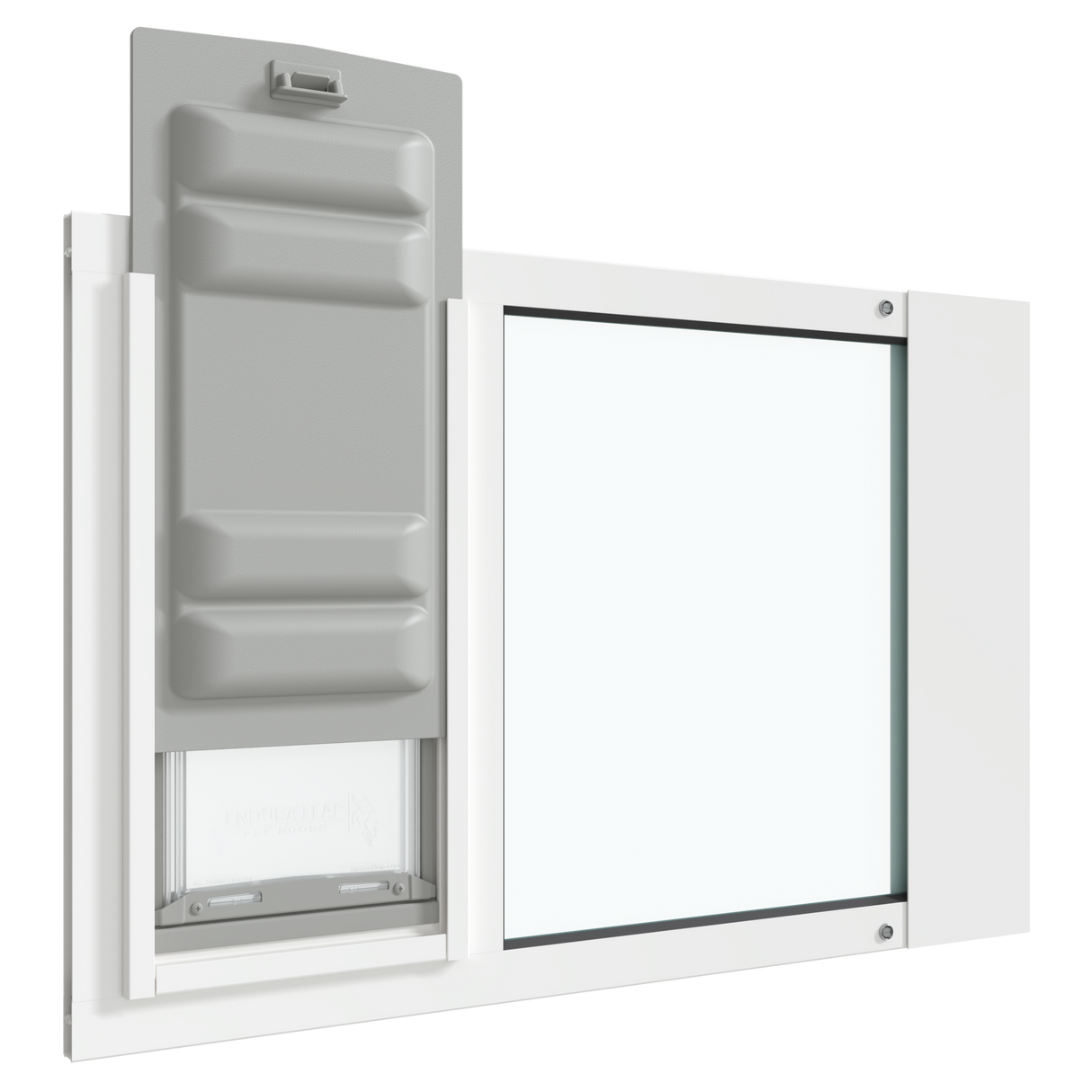 Angled view of the white Thermo Sash 3e cat door for sash window with the locking cover in the up position. This adjustable cat door for window provides a secure and insulated pet window solution.