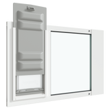 Angled view of the white Thermo Sash 3e cat door for sash window with the locking cover in the up position. This adjustable cat door for window provides a secure and insulated pet window solution.