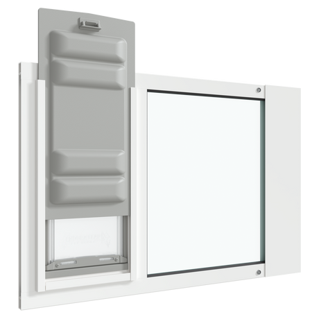 Angled view of the white Thermo Sash 3e cat door for sash window with the locking cover in the up position. This adjustable cat door for window provides a secure and insulated pet window solution.