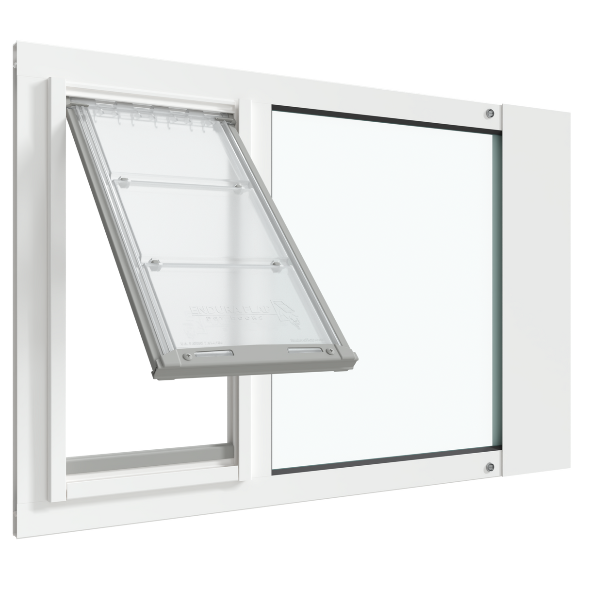 White Thermo Sash 3e pet door for window, open view, showcasing the cat door for window and window cat door features.