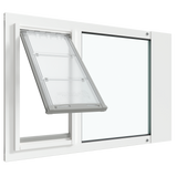 White Thermo Sash 3e pet door for window, open view, showcasing the cat door for window and window cat door features.