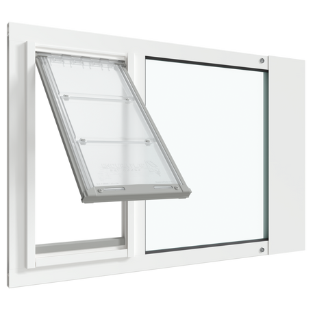 White Thermo Sash 3e pet door for window, open view, showcasing the cat door for window and window cat door features.