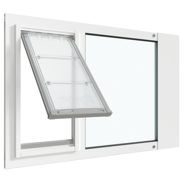 White Thermo Sash 3e pet door for window, open view, showcasing the cat door for window and window cat door features.