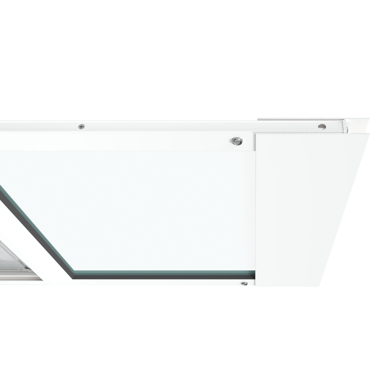 Top close-up view of the white Thermo Sash 3e, a window pet door, highlighting the secure and snug fit within a sash window. This cat door for a window ensures a weather-tight seal.