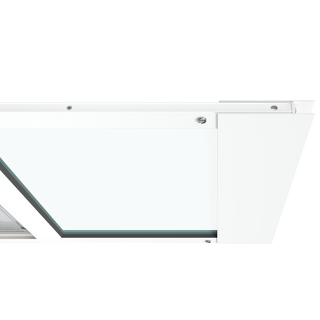 Top close-up view of the white Thermo Sash 3e, a window pet door, highlighting the secure and snug fit within a sash window. This cat door for a window ensures a weather-tight seal.