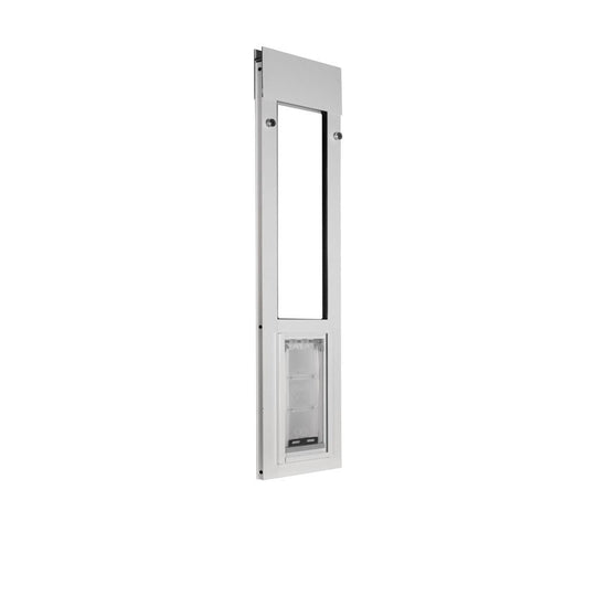 white sliding window cat door with tension fit into the window frame