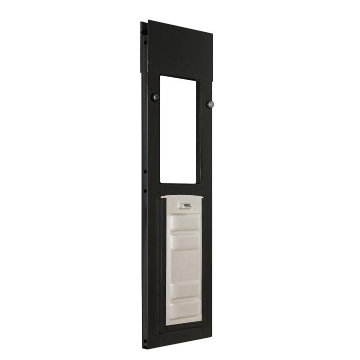 bronze horizontal sliding window cat door with locking cover on to keep critters out