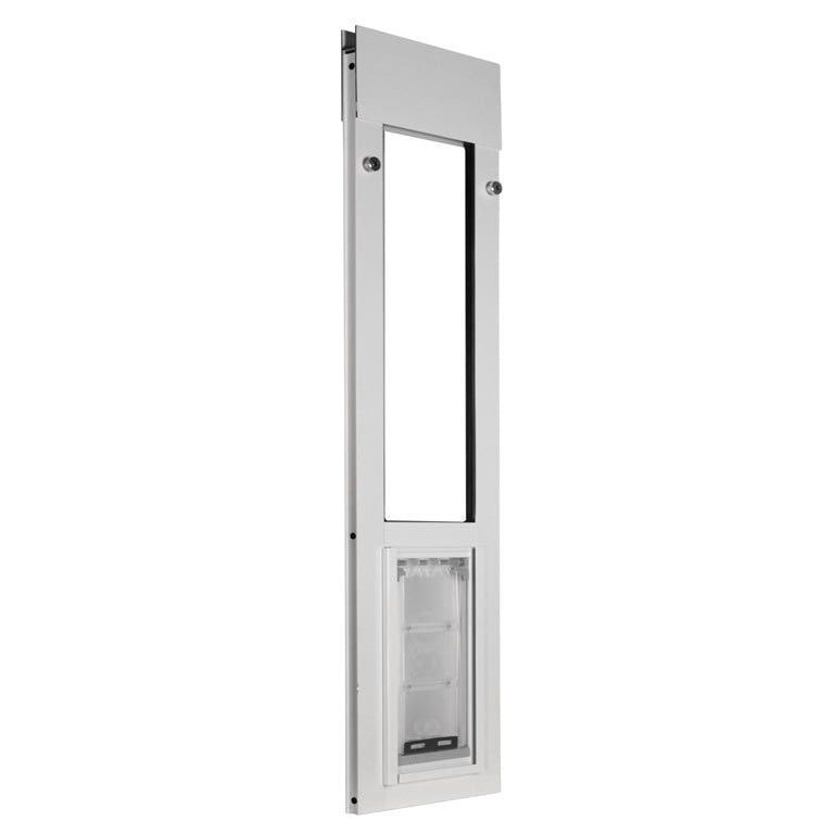 white sliding window cat door with tension fit into the window frame