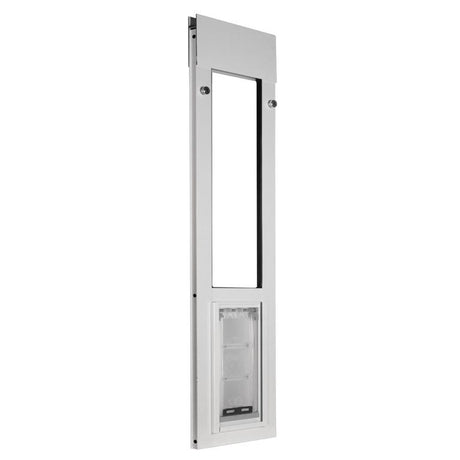 white sliding window cat door with tension fit into the window frame