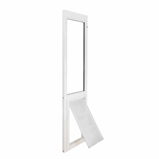 Vinyl sliding glass door with dog door built in has a flexible vinyl flap material that avoids cracking.