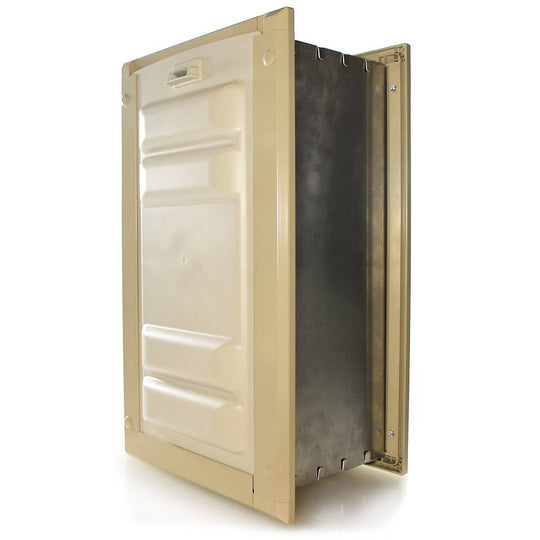 Tan Frame Color - in wall dog door. Locking cover secures your home and restricts pet access when needed.